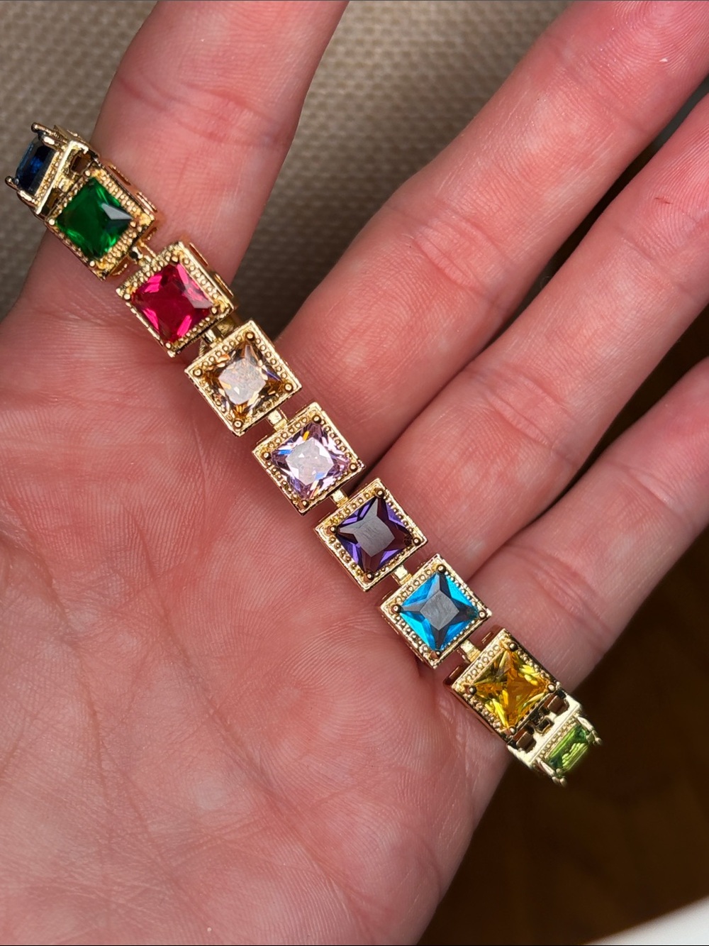 Gold-Tone Multicolor Square Crystal Tennis Bracelet - Women Jewelry 🌈